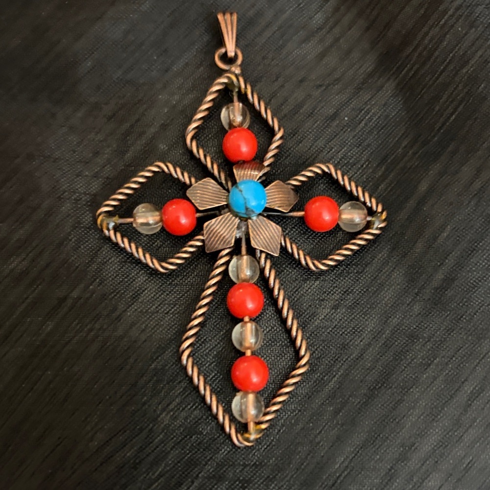 Copper Cross Pendant with Red and Turquoise Beads - Picture 2 of 6